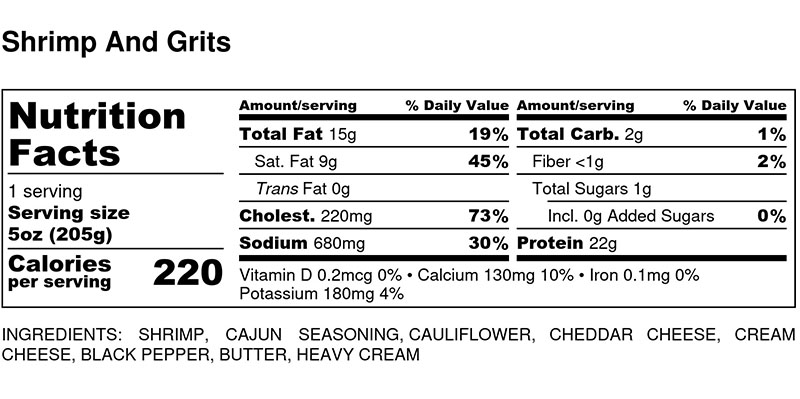 Nutritional Facts - Shrimp N Grits