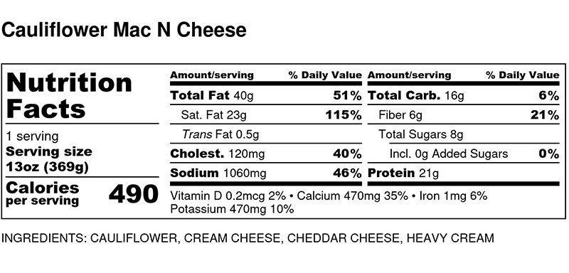 Nutritional Facts - Cauliflower Mac N Cheese