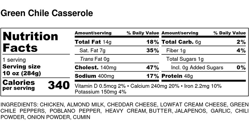 Nutritional Facts - Green Chile Casserole