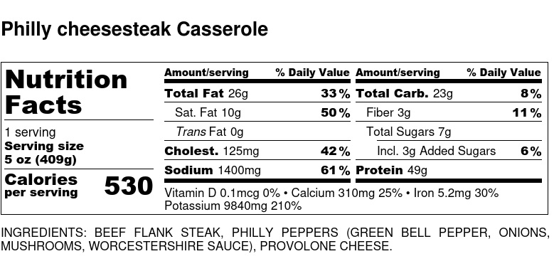 Nutritional Facts - Philly Cheesesteak  6oz